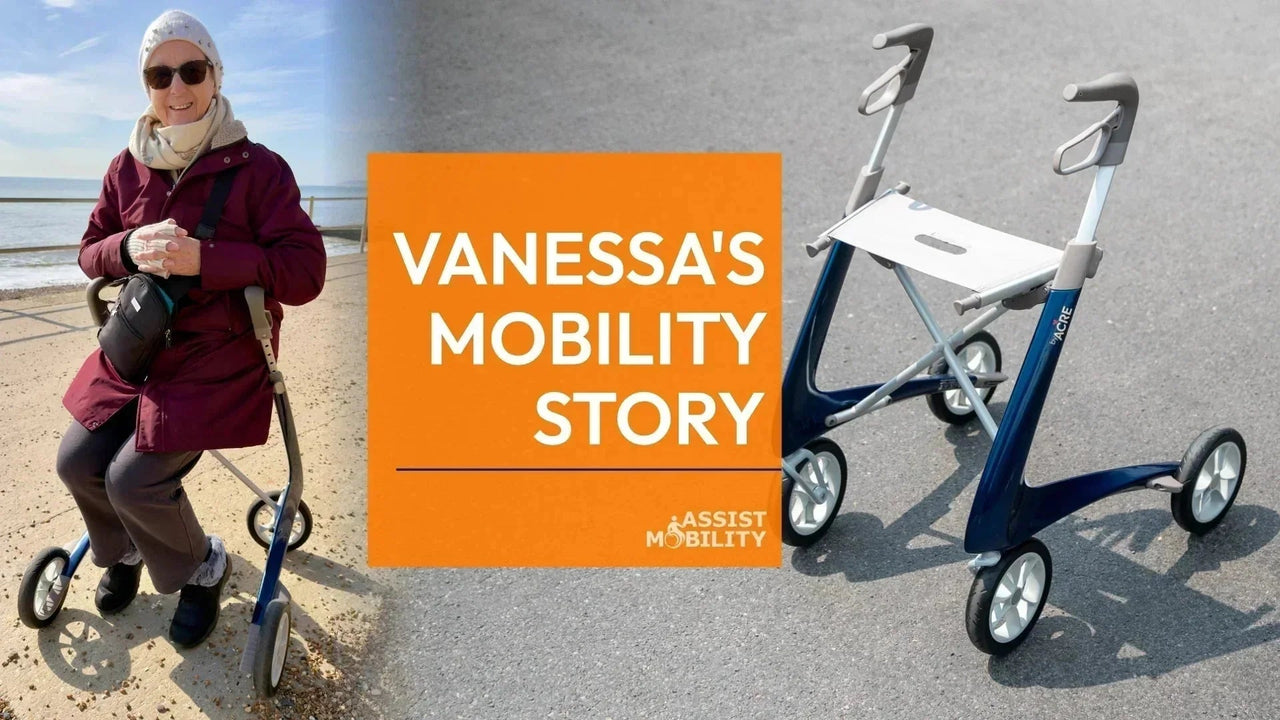 Vanessa sitting on her byACRE rollator on the beach