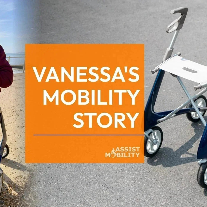 Vanessa sitting on her byACRE rollator on the beach