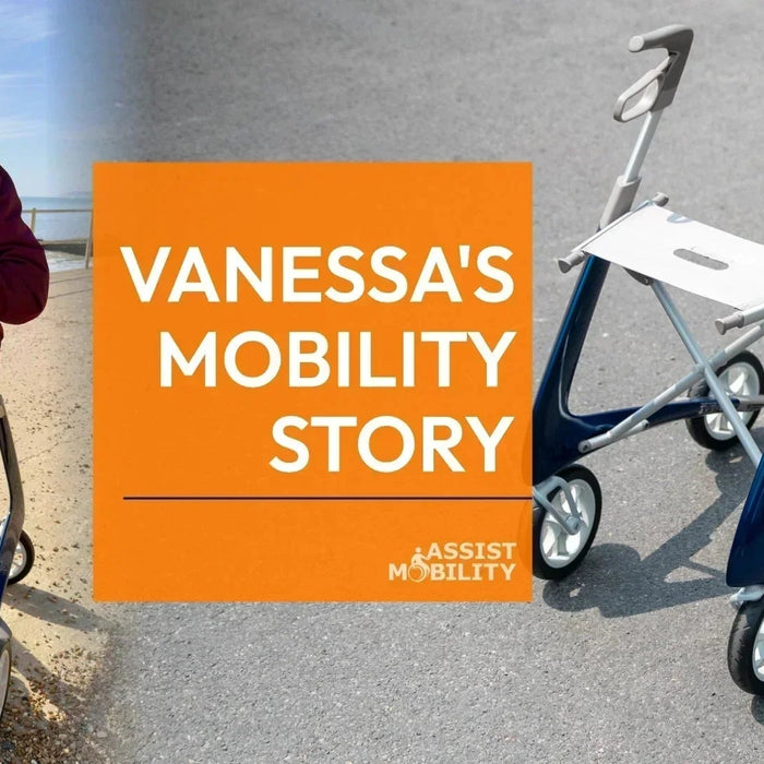 Vanessa sitting on her byACRE rollator on the beach