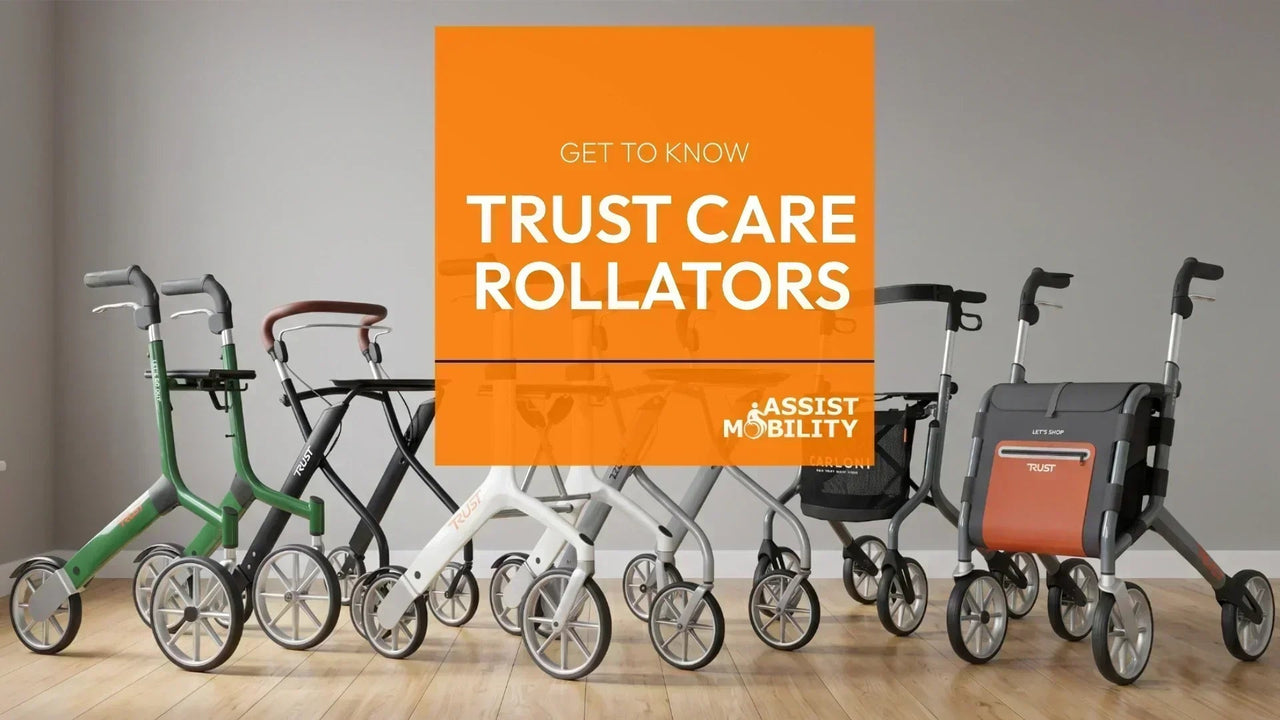 The Trust Care rollators in a line 