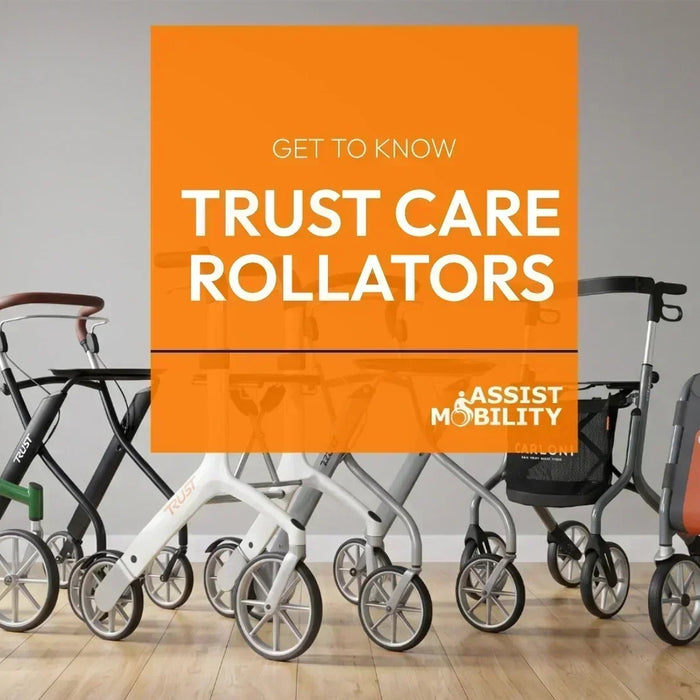 The Trust Care rollators in a line 