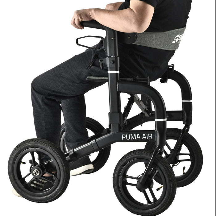 Close up of the Mobiled Puma Air Rollator with air filled tyres.  Comfortable and easy to use.