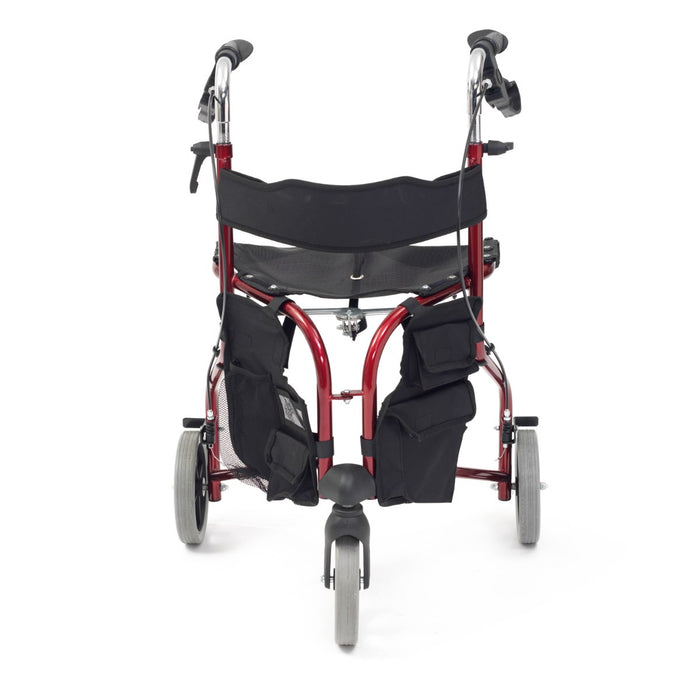 Red Drive Triwalker from the front displaying backrest, seat and bags