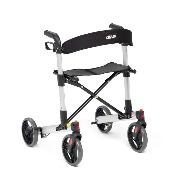 Black and silver rollator with backrest fitted