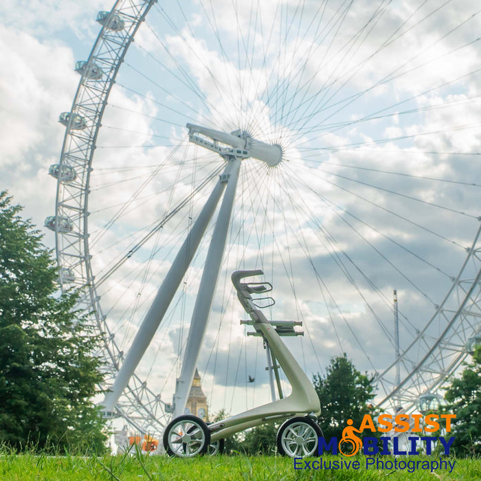 byACRE Ultralight Rollator next to the Millennium Wheel on the South Bank of the River Thames in London