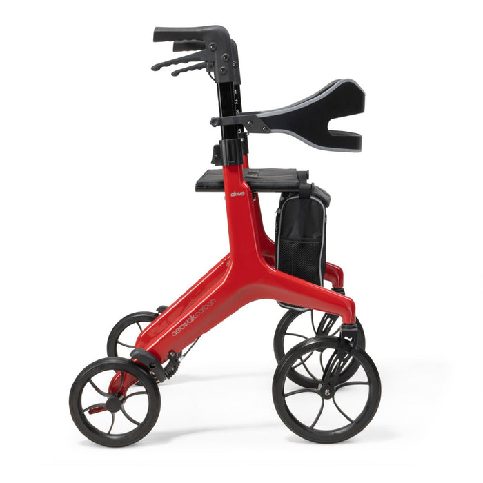 Red rollator with black accents on a white background