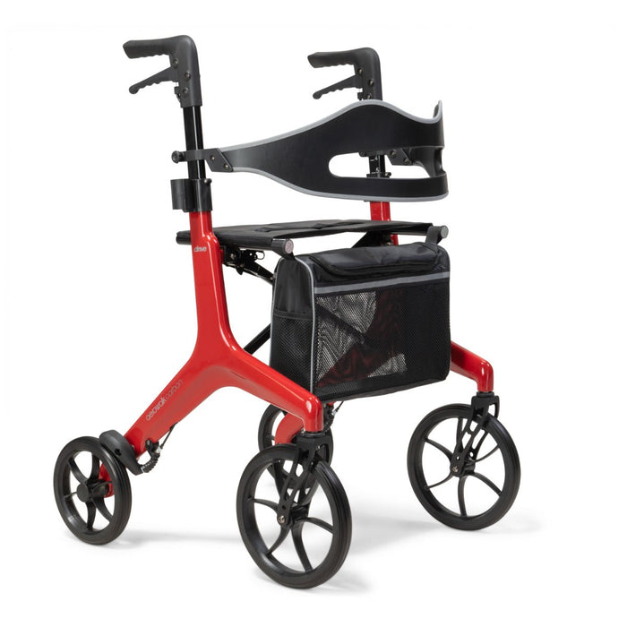 Red rollator with black seat and bag on a white background