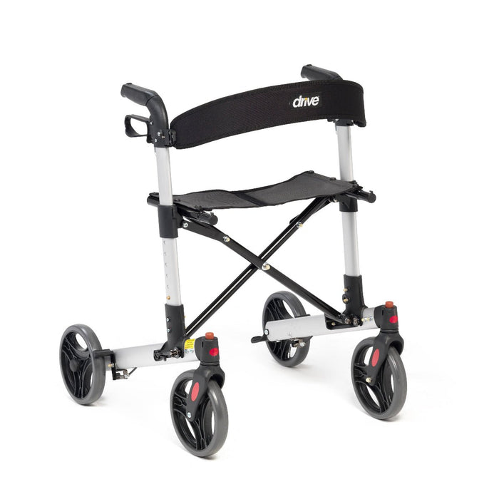 Black and silver rollator with backrest fitted
