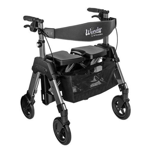 Bariatric rollator with comfortable seat and backrest showing side profile