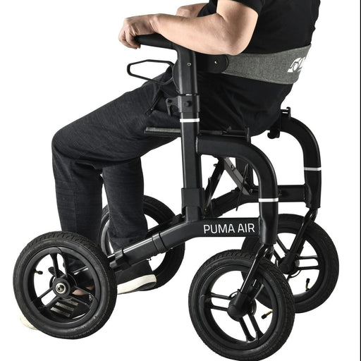 Close up of the Mobilex Puma Air Rollator with air filled tyres.  Comfortable and easy to use.
