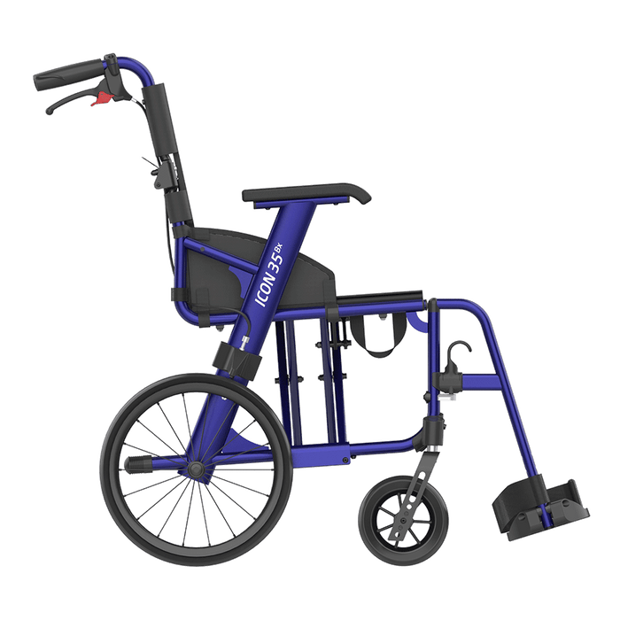 Side view of the lightweight ICON 35 wheelchair by Rehasense