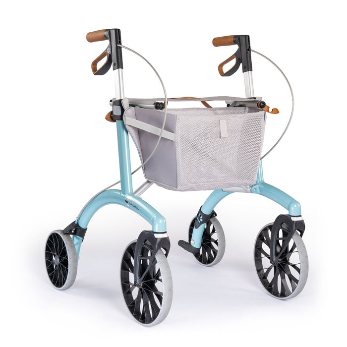 The Saljol Allround Rollator Superlight Ice Blue rollator showing cork handles and light grey mesh bag