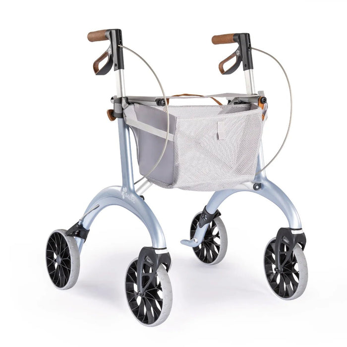 Saljol Carbon Superlight rollator in Sterling Silver with a light grey mesh shopping bag and tan handles, on a white background