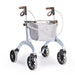 Saljol Carbon Superlight rollator in Sterling Silver with a light grey mesh shopping bag and tan handles, on a white background