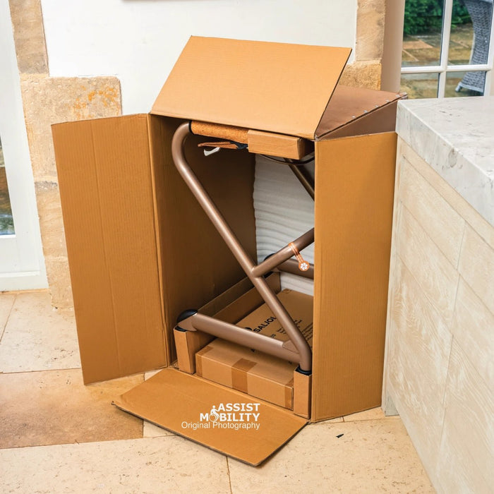 The Saljol Page indoor rollator in the box that it comes with. 