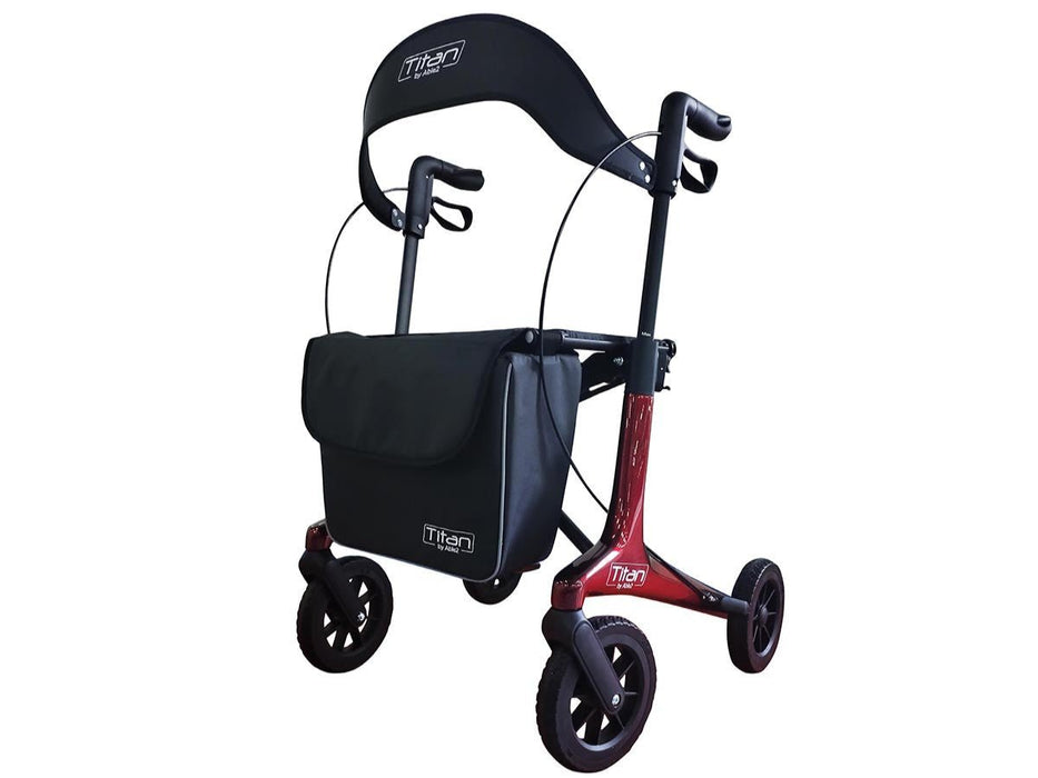 Titan carbon rollator in red with bag and backrest at Assist Mobility