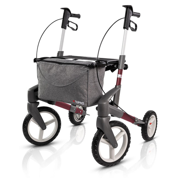 TOPRO ATR off-road rollator, wine red coloured. Viewed obliquely from the front