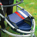 Close-up of the seat and storage bag on the Trionic Veloped Sport rollator, with its navy fabric and red and white stripes