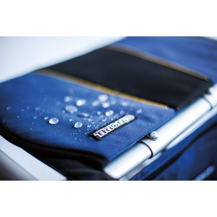 Close-up of a blue Trionic Veloped Walker seat with water droplets and a brand logo.