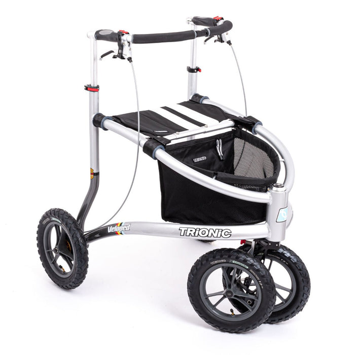 Trionic walker with black seat and wheels on a white background