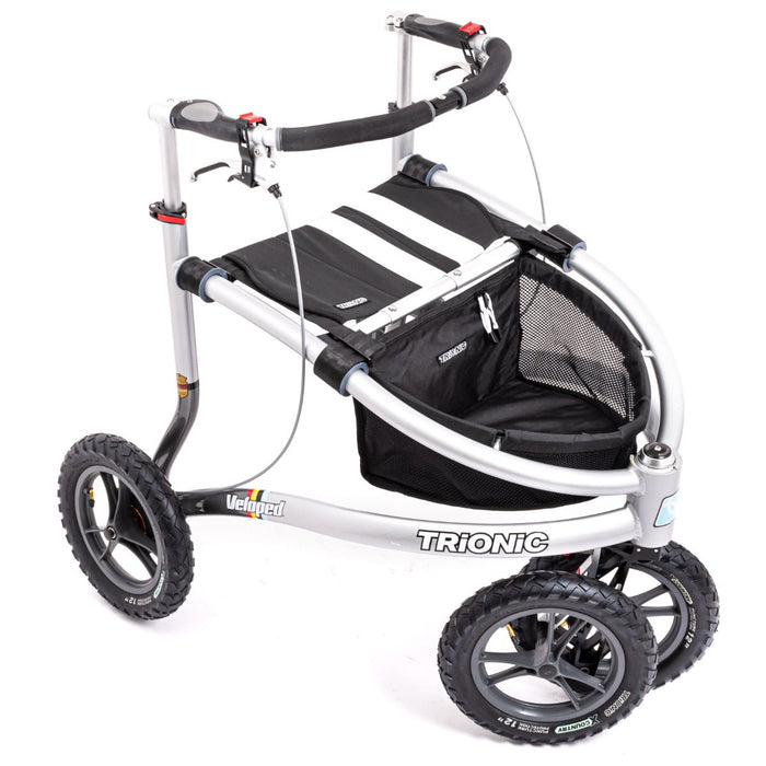 Trionic stroller with black seat and wheels on a white background