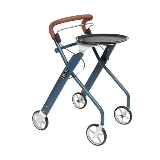 Blue Let's Dream indoor rollator with tray and brown faux leather handle