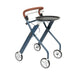 Blue Let's Dream indoor rollator with tray and brown faux leather handle