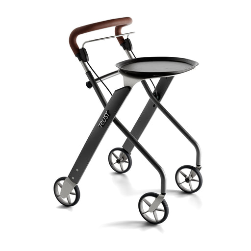 Black Let's Dream indoor rollator with tray and brown faux leather handle