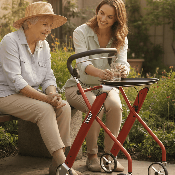 Two ladies sitting in the garden with a cool drink having a relaxing time chatting with the Lets Dream rollator in Sunset
