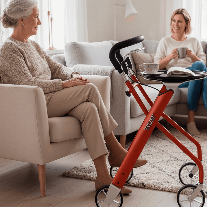Two ladies sitting in a living room on comfy seating having a chat with a Lets Dream rollator in Sunset