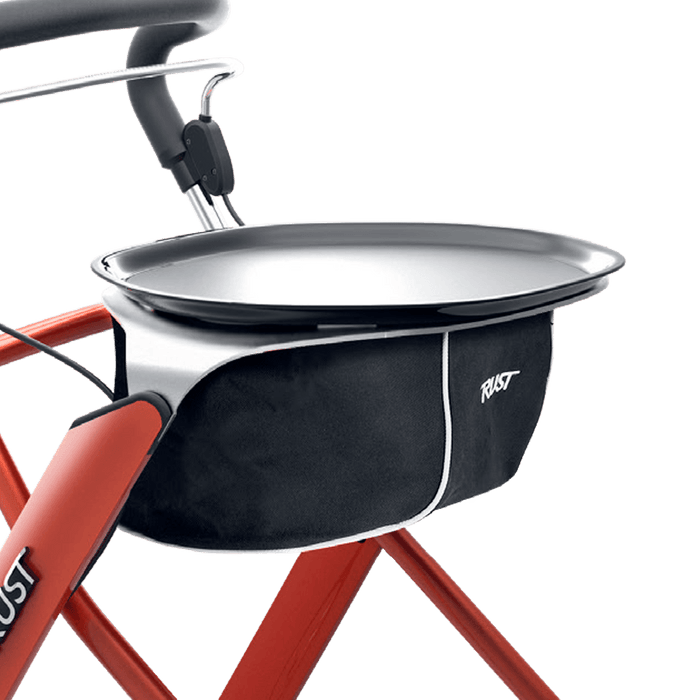 Close up of the Lets Dream rollator in Sunset tray and handy basket for transporting items