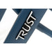 Close up of Blue Let's Dream rollator frame with raised lettering "Trust"