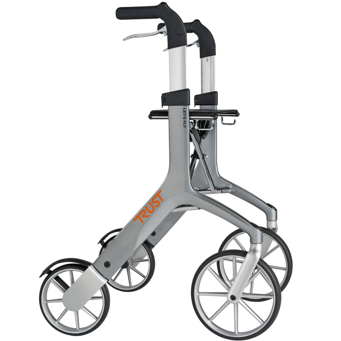 Lets Fly rollator in grey showing side view.