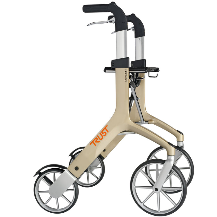 Side view of the Trust Care Lets Fly rollator in subtle beige which is undersated and neutral.  