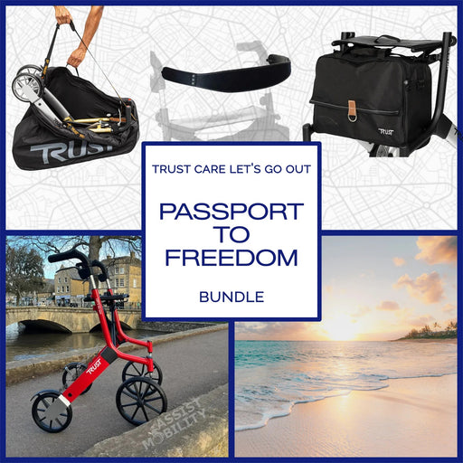 A promotional bundle of Trust Care Let's Go Out with accessories. The collage shows a black Trust Care bag, walker frame, a red Trust Care walker.