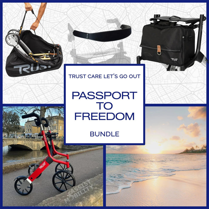 A promotional bundle of Trust Care Let's Go Out with accessories. The collage shows a black Trust Care bag, walker frame, a red Trust Care walker.