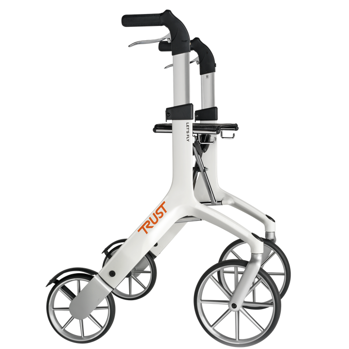 Lets Fly rollator in White showing side view with impressive large front wheels.