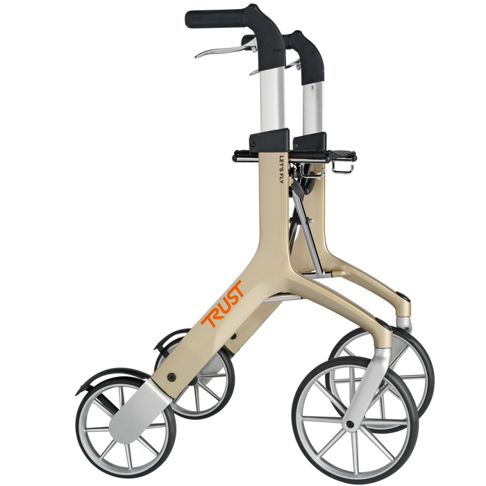 Side view of the Trust Care Lets Fly rollator in subtle beige which is undersated and neutral.  