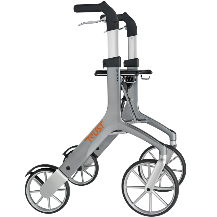 Lets Fly rollator in grey showing side view.