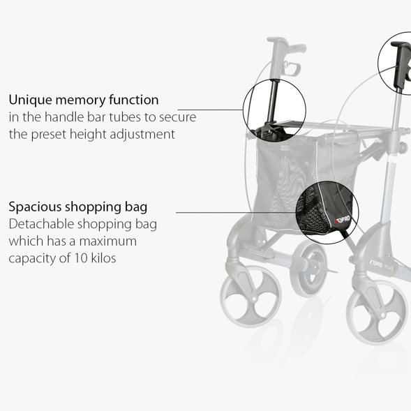 Topro_Troja_Neuro_Rollator_Features memory function and spacious shopping bag basket